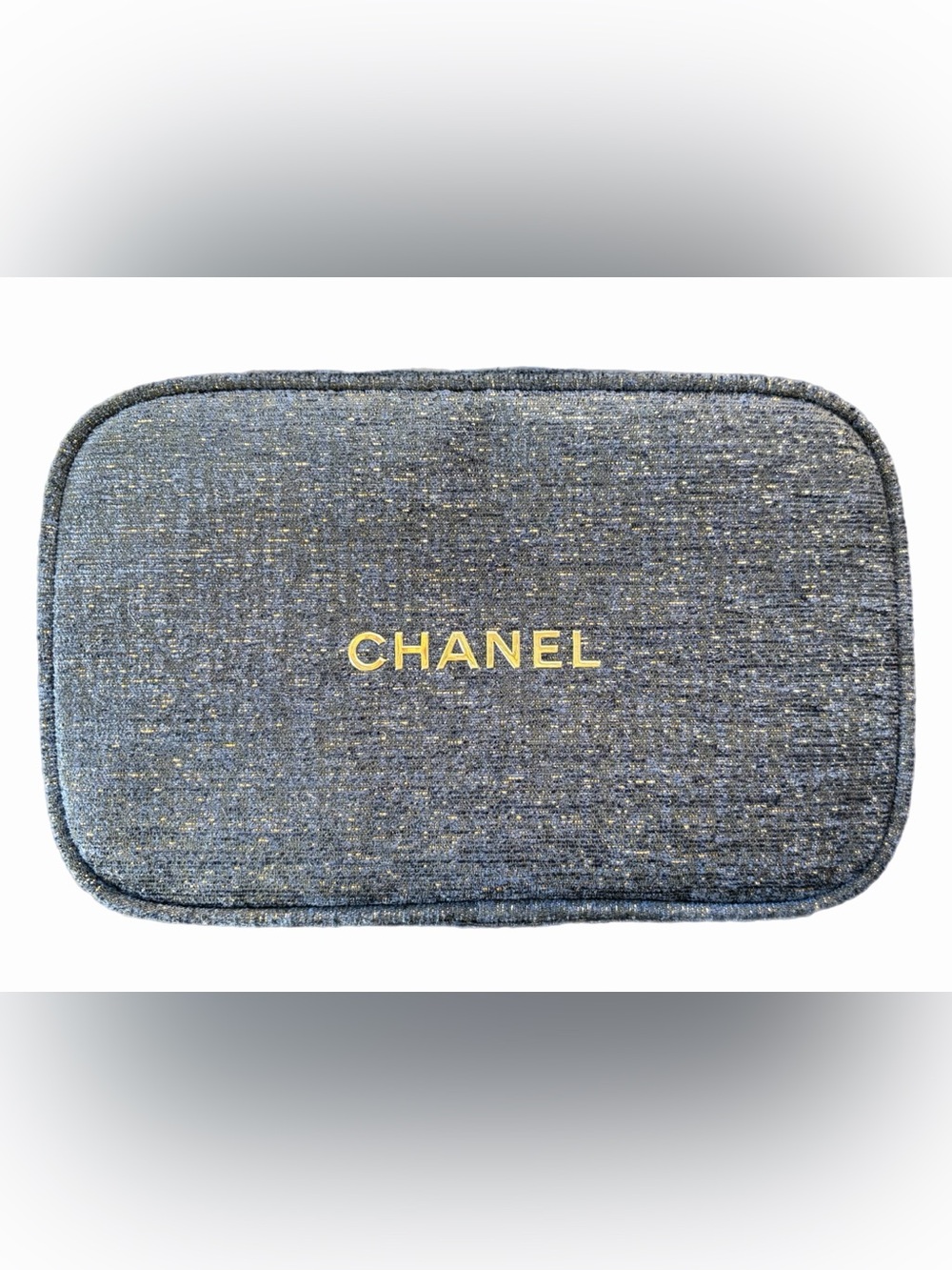 GWP CHANEL Navy Tweed Zip Pouch with Gold Trim